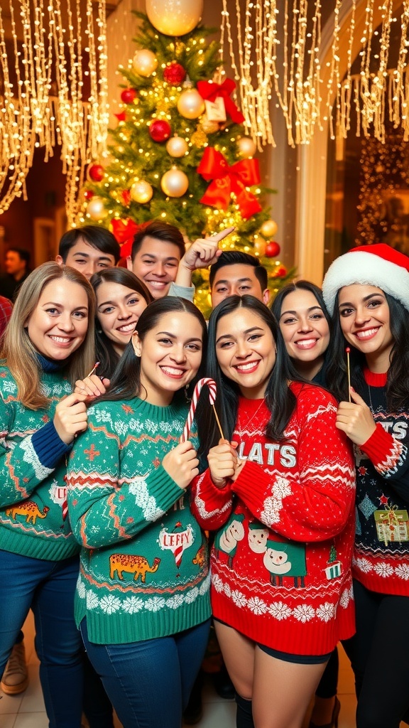 A group of friends in matching Christmas sweaters with holiday props in front of a decorated tree.